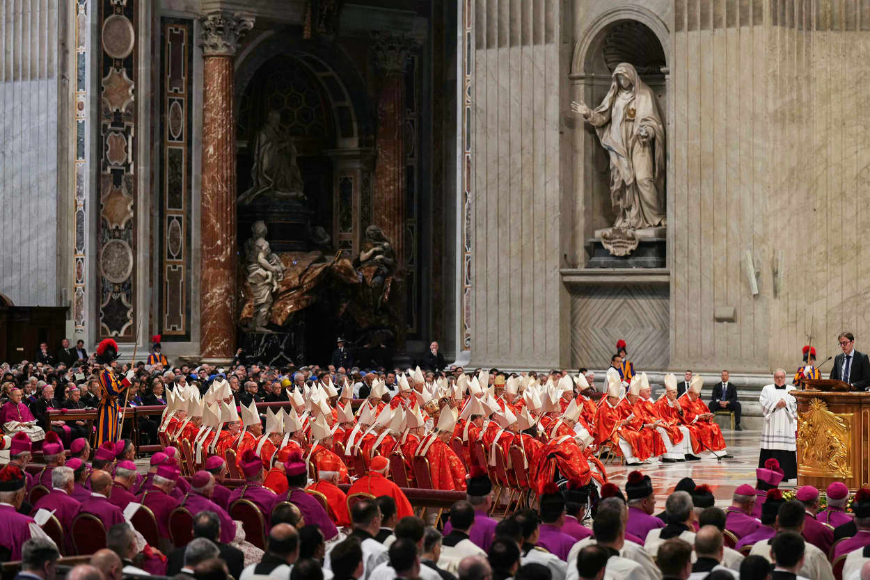 Cardinals attend a mass, prior to the start of the conclave at St Peter's Basilica in the Vatican on May 7, 2025. 