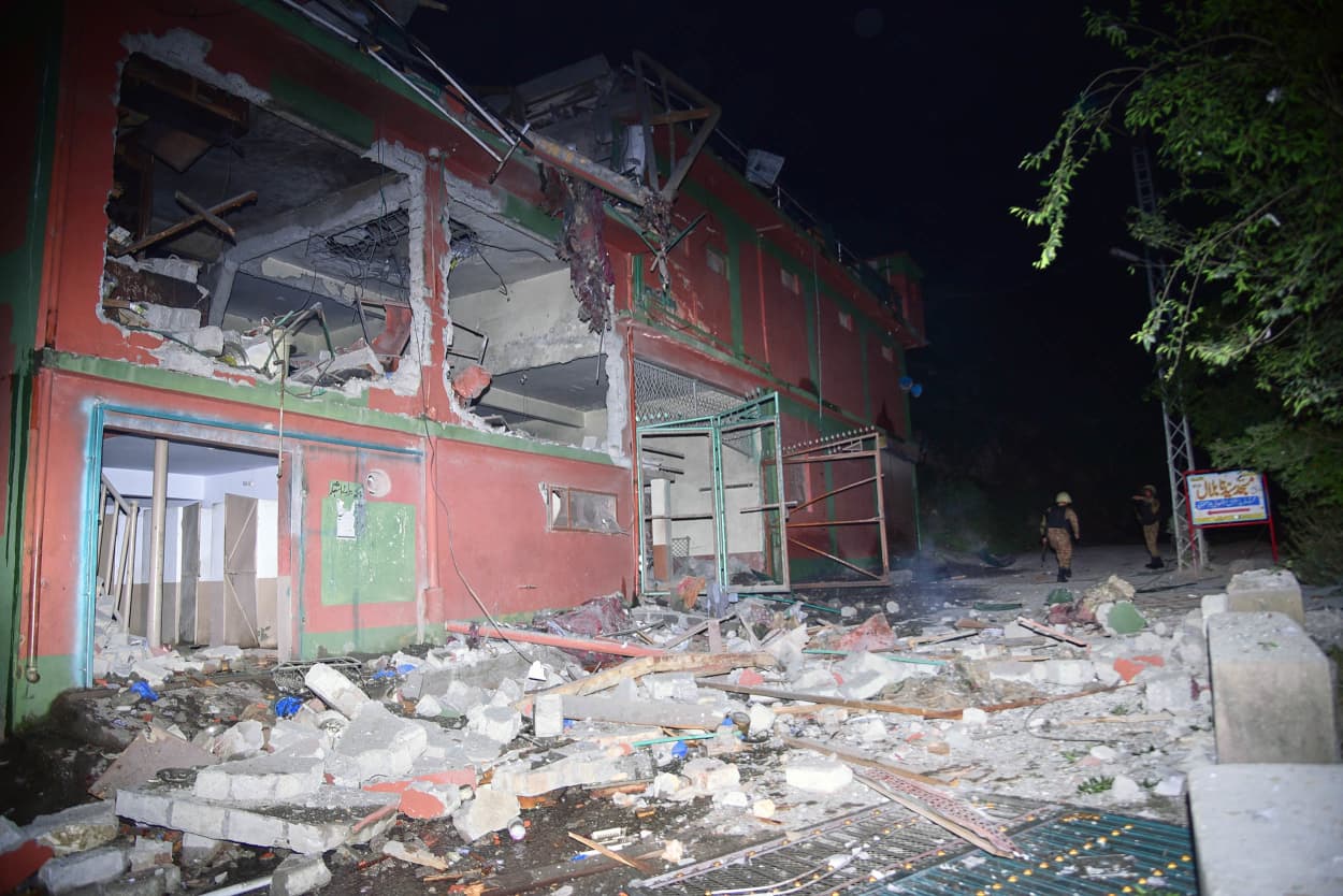 Damaged building surrounded by rubble following a suspected Indian missile attack near Muzaffarabad, the capital of Pakistan controlled Kashmir.
