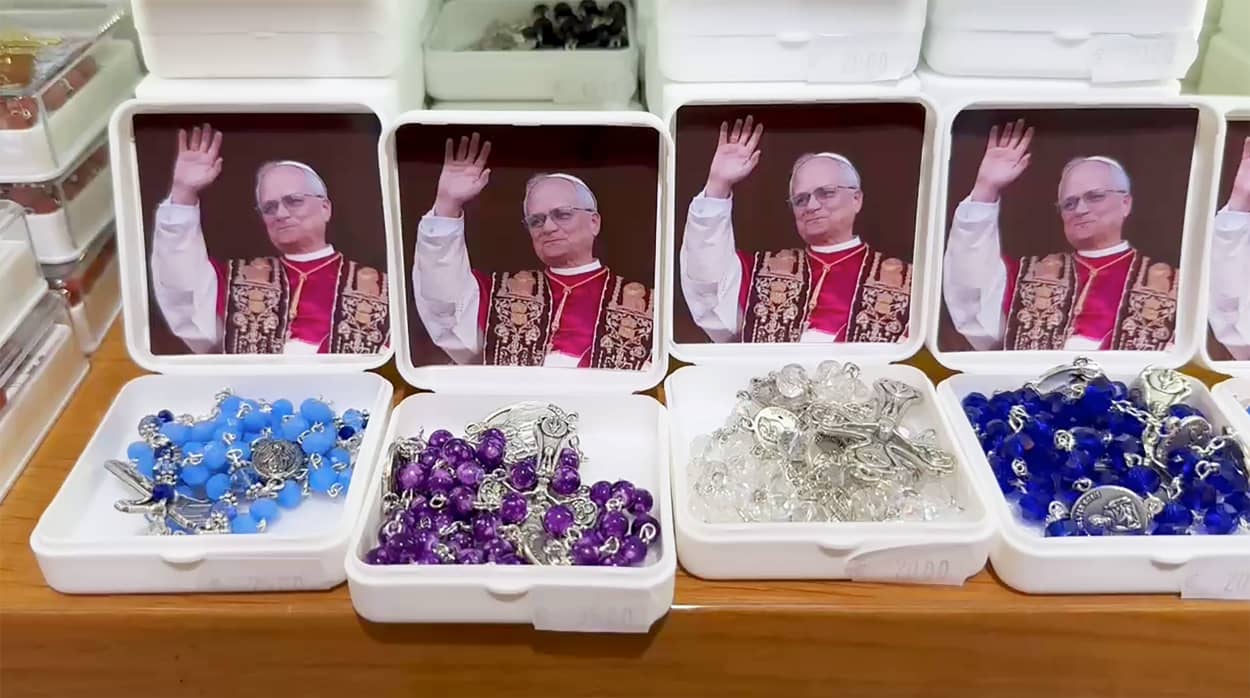 Pope Leo memorabilia for sale in the Vatican on May 9, 2025.