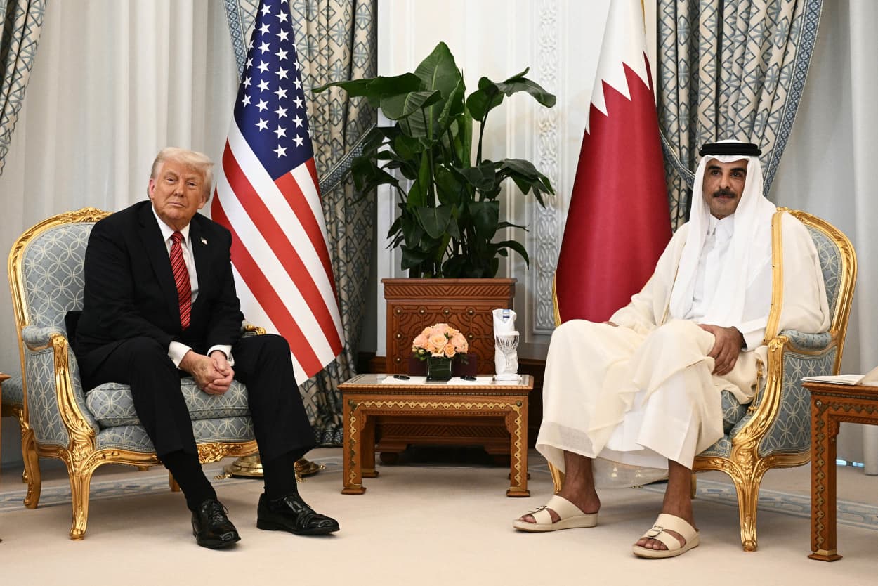 Qatar's Emir Sheikh Tamim bin Hamad al-Thani meets with US President Donald Trump in the Qatari capital Doha on May 14, 2025.