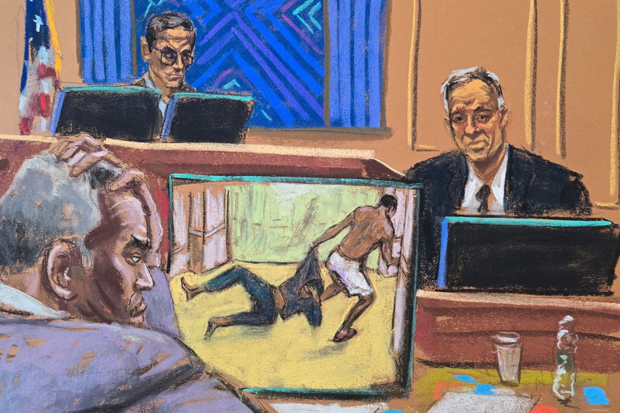 Courtroom sketch of forensic video expert Frank Piazza testifying with video of hotel altercation on screen.