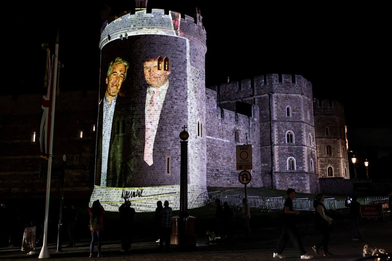 Image of President Donald Trump alongside disgraced financier Jeffrey Epstein is projected on Windsor castle