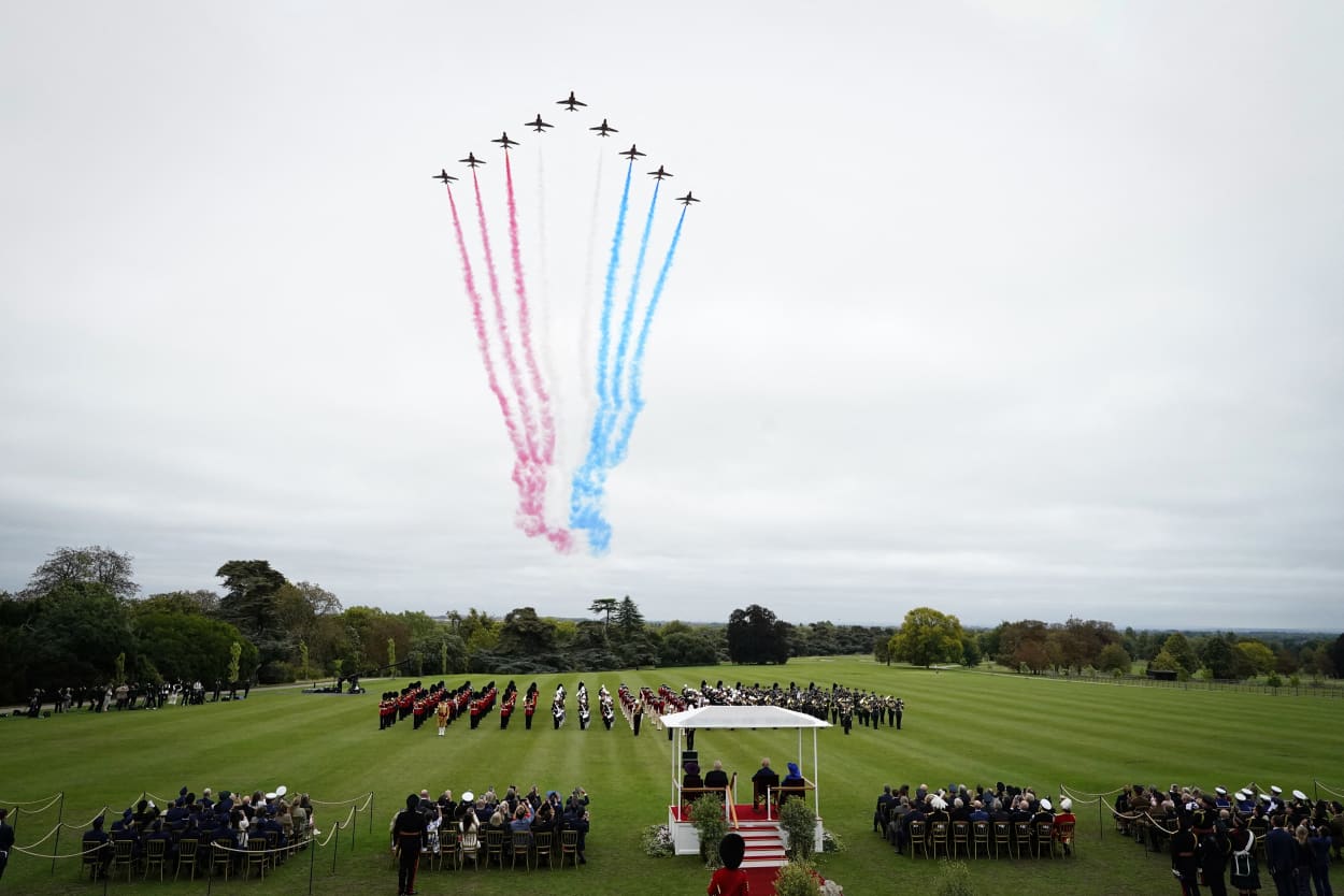 The Royal Air Force Aerobatic Team, The Red Arrows, perform a flypast over the Beating Retreat military ceremony on the East Lawn at Windsor Castle, in Windsor, on September 17, 2025, during President Donald Trump's visit.
