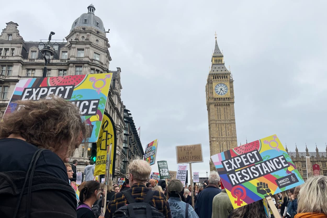 Thousands of people have amassed in London’s Parliament Square after marching through the city’s center this afternoon to protest Trump’s state visit to the U.K. on Sept. 17, 2025.