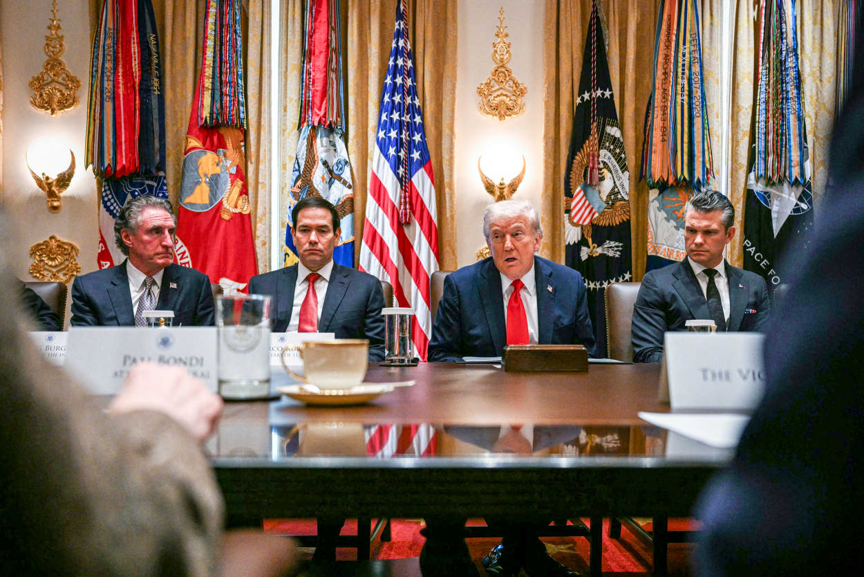 Donald Trump speaks alongside Doug Burgum, Marco Rubio and Pete Hegseth.