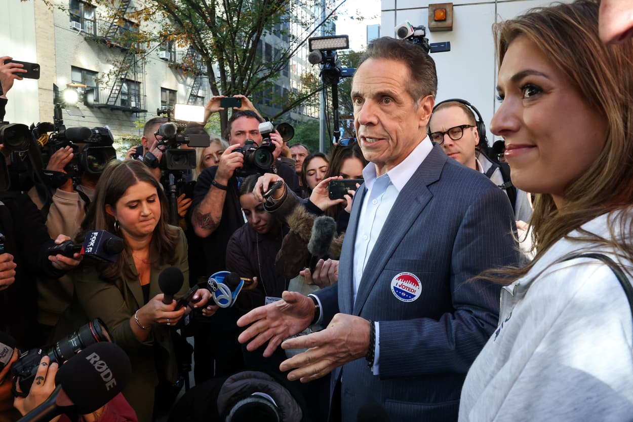 Independent mayoral candidate and former New York Governor Andrew Cuomo speaks to the press after voting at a polling location at the High School of Art and Design in the Manhattan borough of New York City on November 4, 2025. 