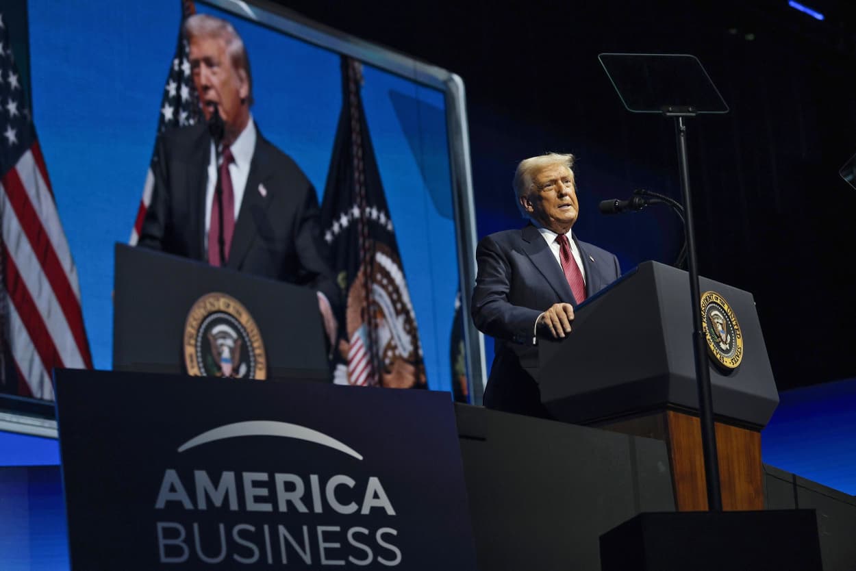 President Donald Trump delivers remarks at the America Business Forum on Nov. 5, 2025 in Miami, Florida.