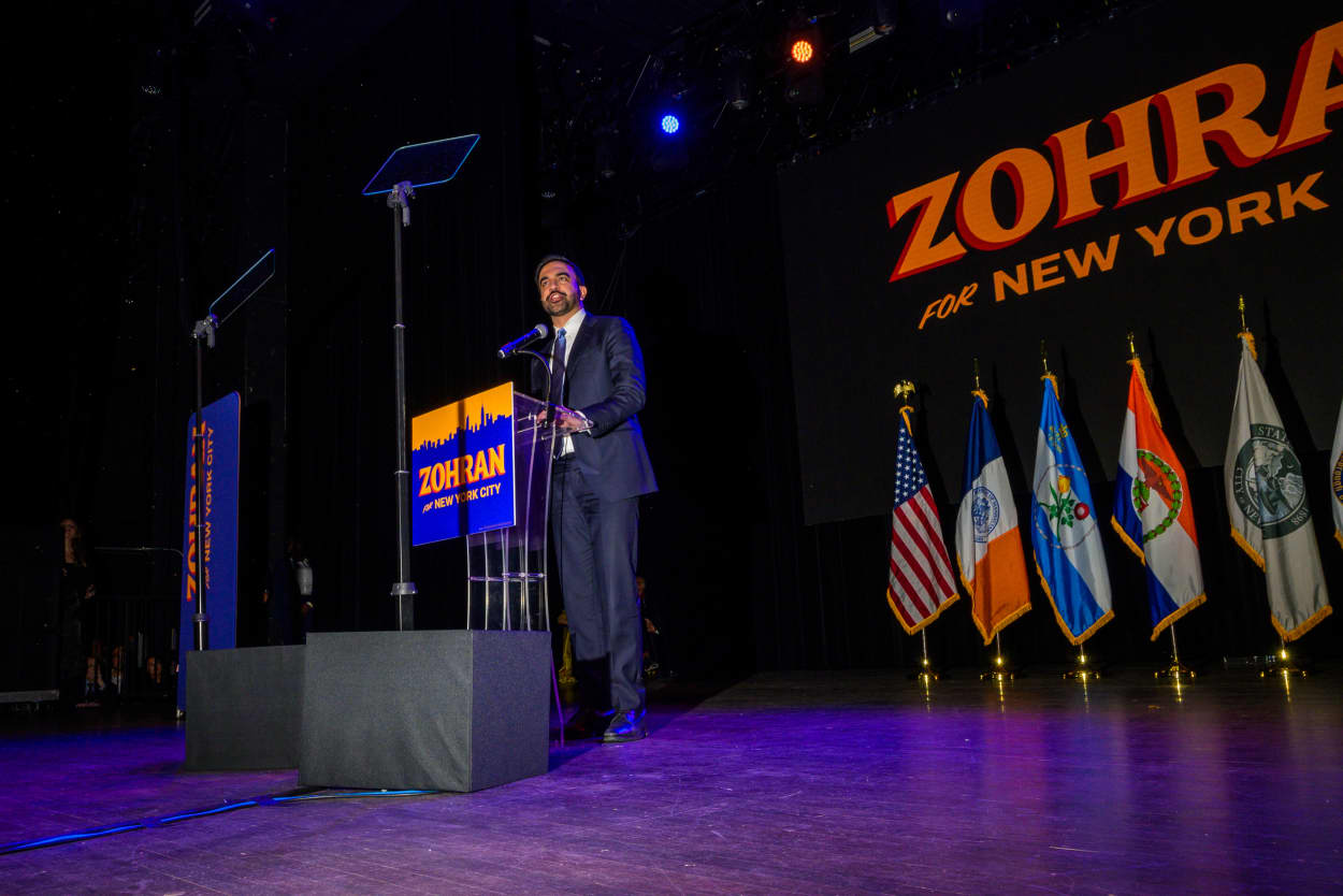 New York City Mayoral candidate Zohran Mamdani speaks during an election night even
