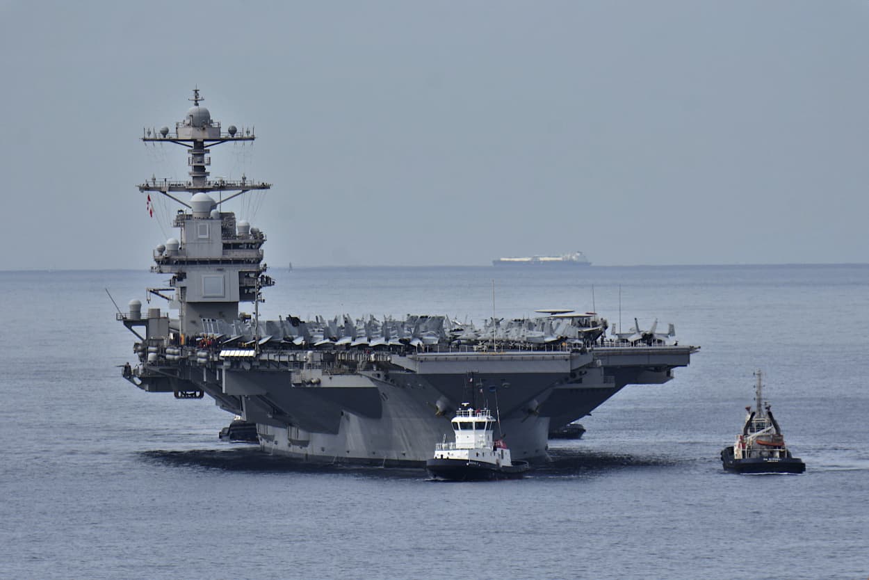 The aircraft carrier USS Gerald R. Ford arrives in Marseille, France, on Aug. 4, 2025.