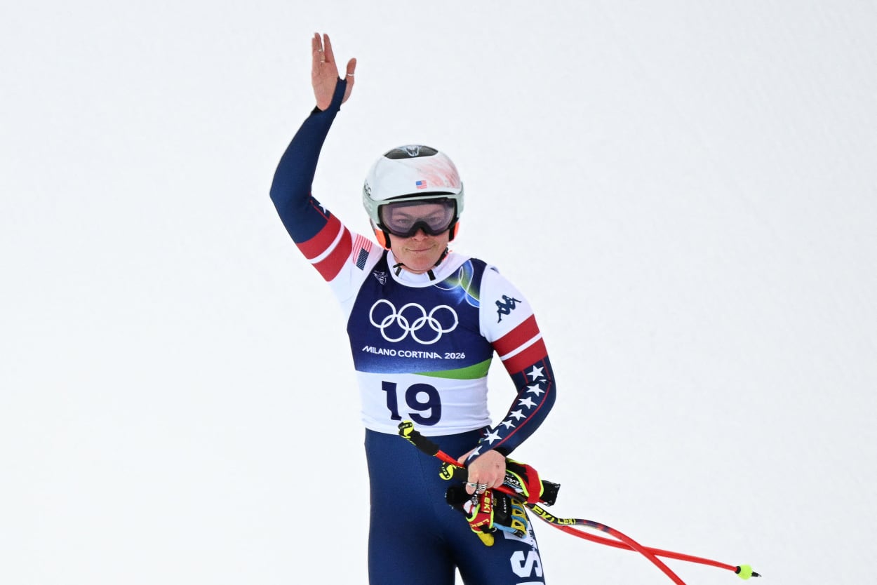 Breezy Johnson of Team USA reacts after crashing 