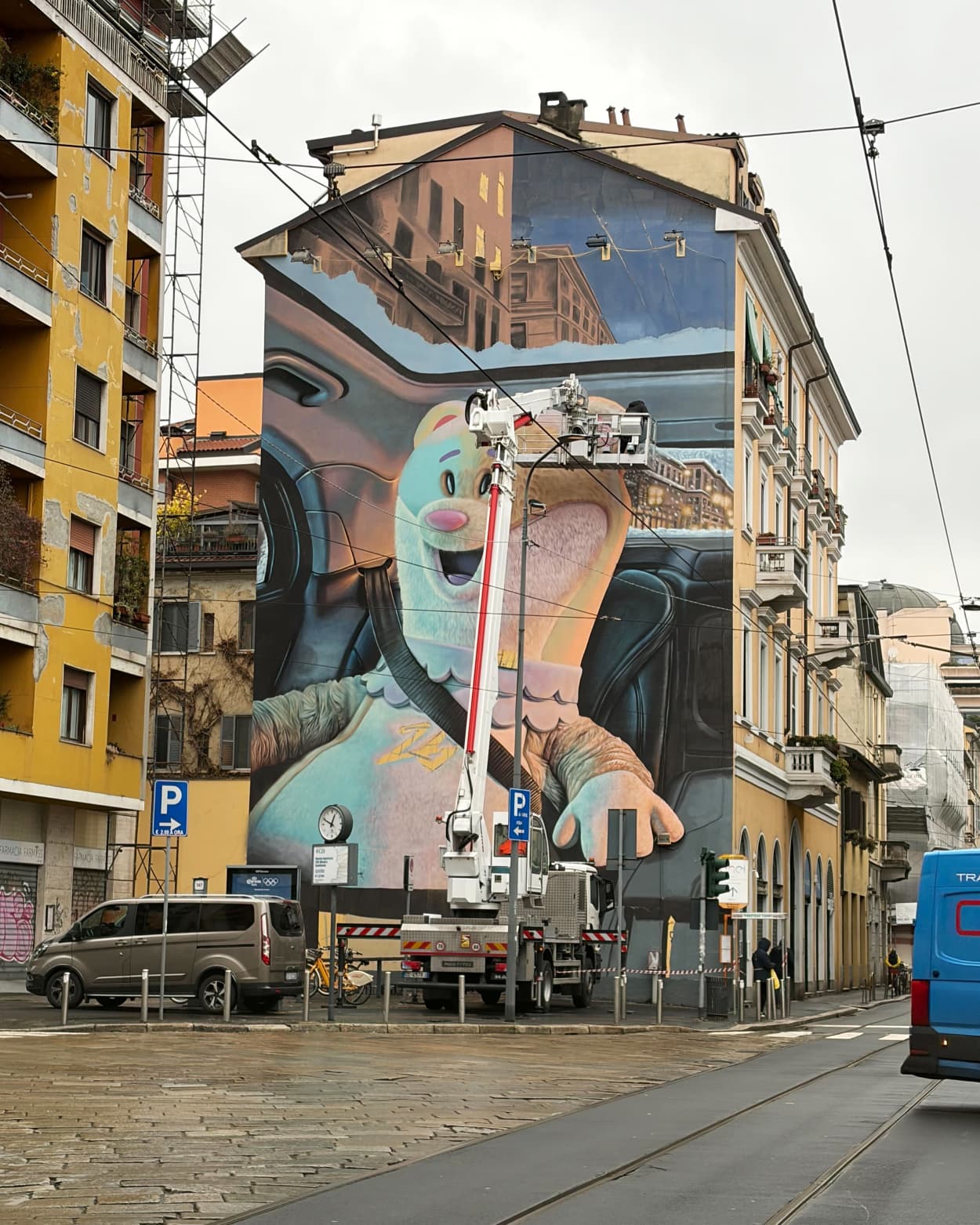 Murals celebrate the Winter Olympics around Milan city centre. 