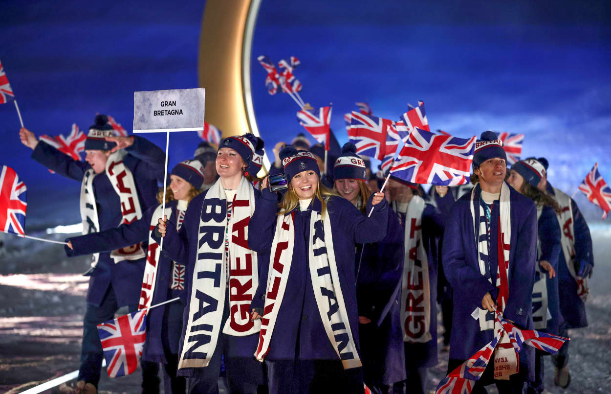 Athletes of team Great Britain walk in the parade during the opening ceremony of the Milano Cortina 2026.