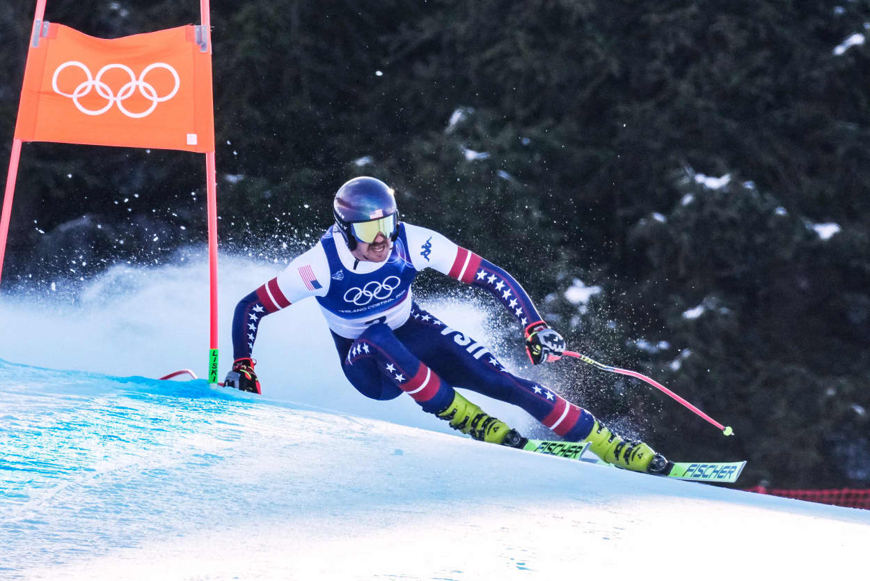 Bryce Bennett of Team USA competes in the men's downhill alpine skiing in Bormio, Italy on Feb. 7, 2026.