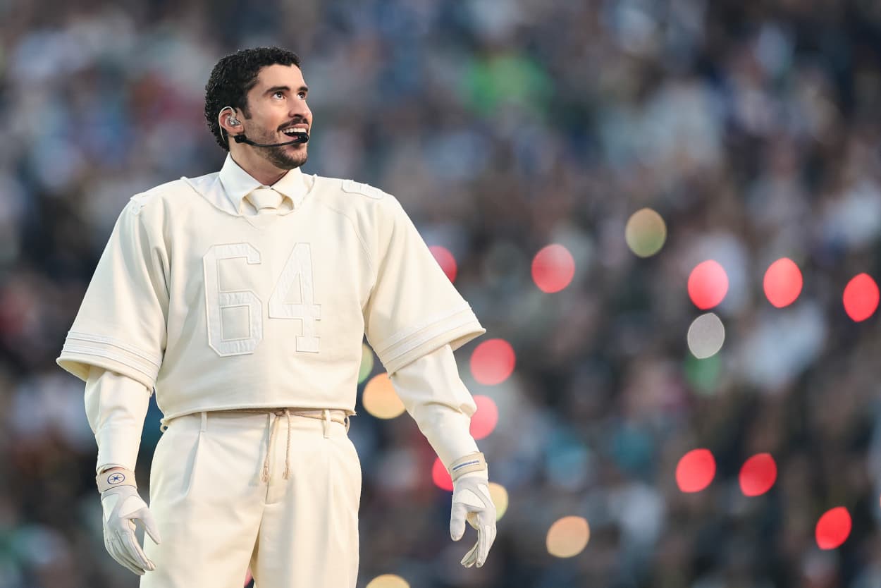 Bad Bunny on stage during the super bowl.