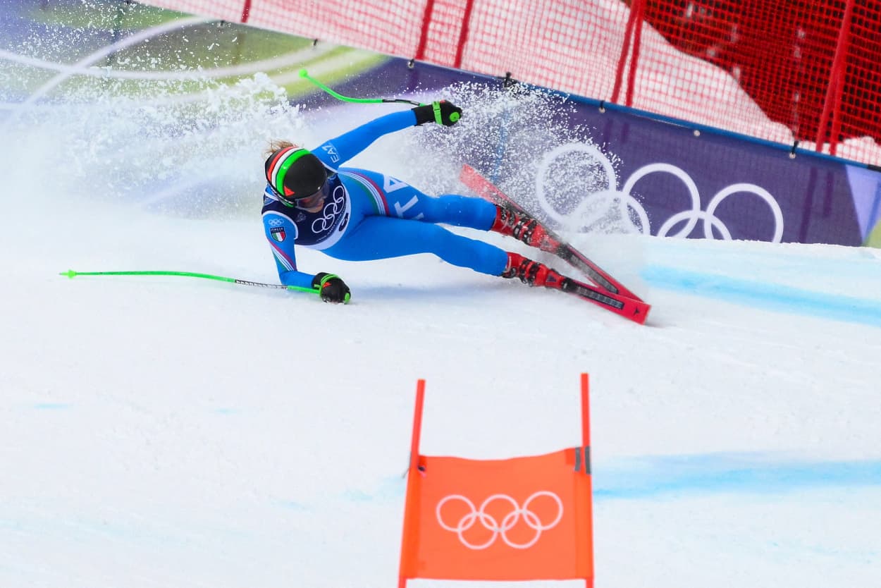Italy's Sofia Goggia crashes as she competes in the downhill run of the women's team combined event in Cortina d'Ampezzo on Feb. 10, 2026. 