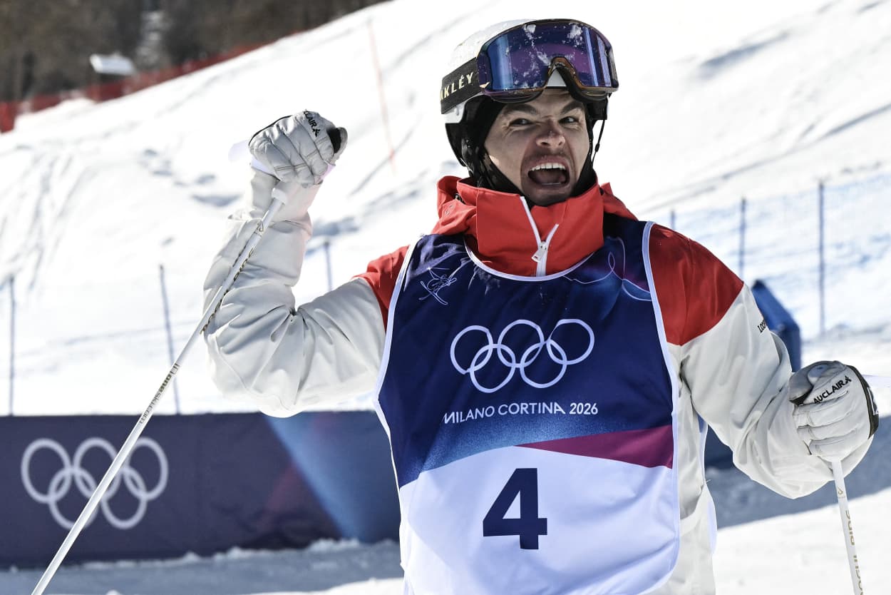 Canada's Mikael Kingsbury reacts in the freestyle skiing men's dual moguls final in Livigno, Italy on Feb. 15, 2026. 