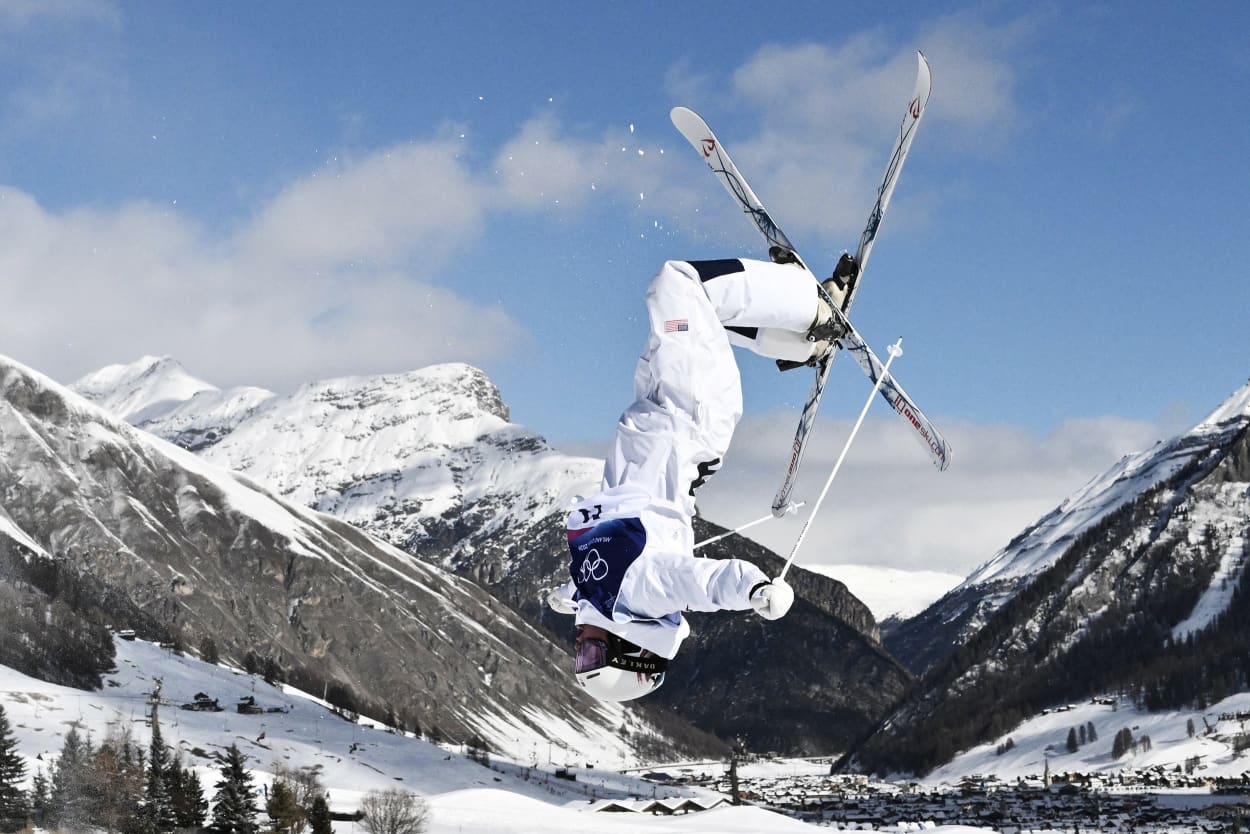 Team USA's Nick Page competes in the freestyle skiing men's dual moguls in Livigno, Italy on Feb. 15, 2026.