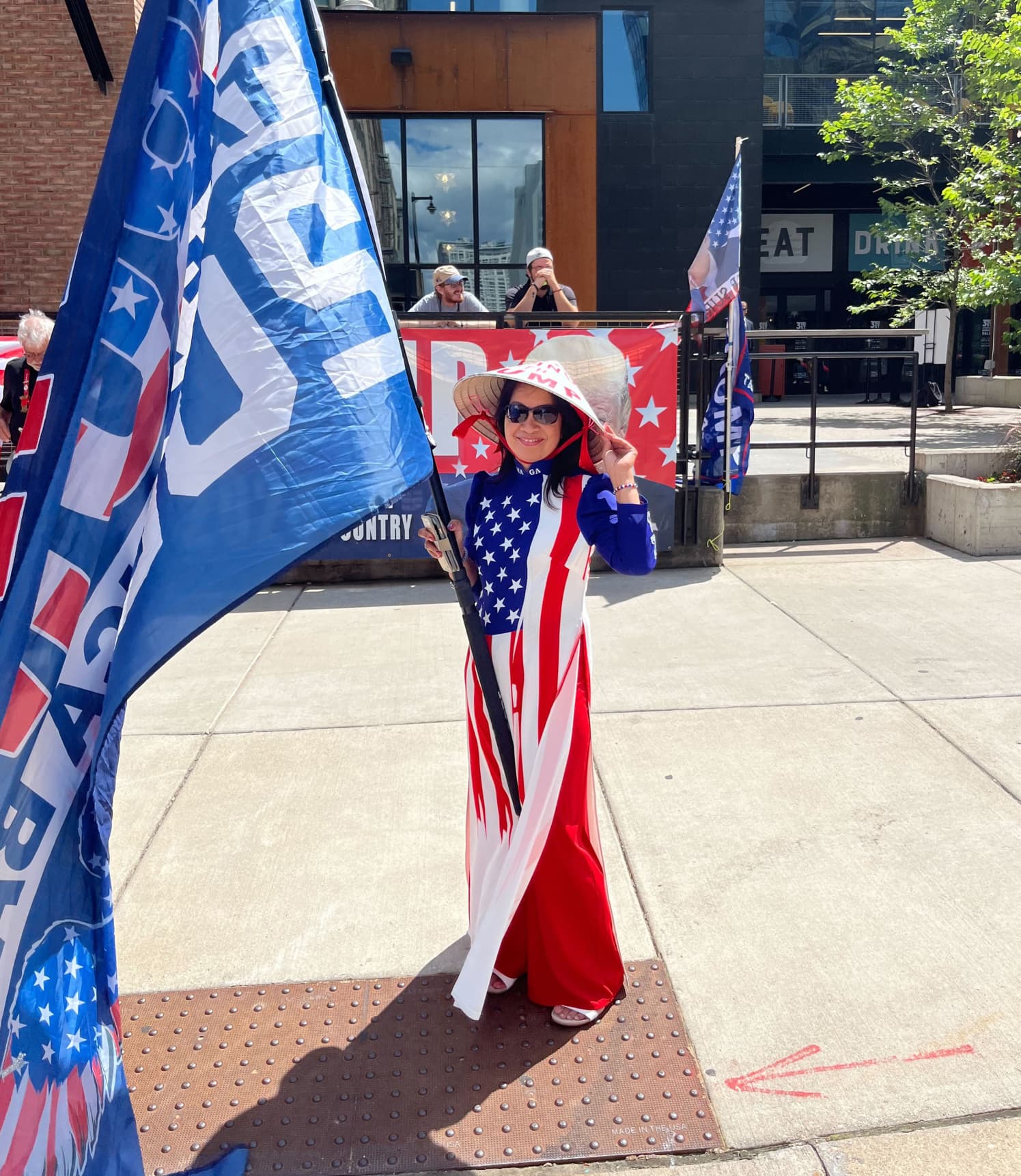 Trump supporter Amy Lee near one of the security checkpoints outside the Fiserv Forum in downtown Milwaukee on July 17, 2024.