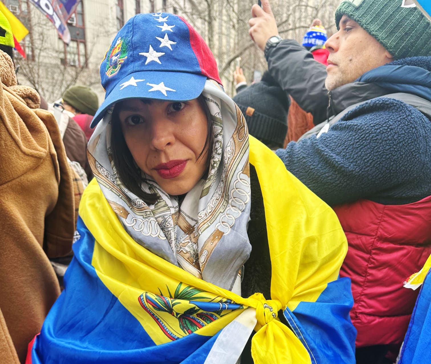 Pia Baez celebrates outside the courthouse in New York as deposed Venezuelan leader Nicolás Maduro make his first court appearance.
