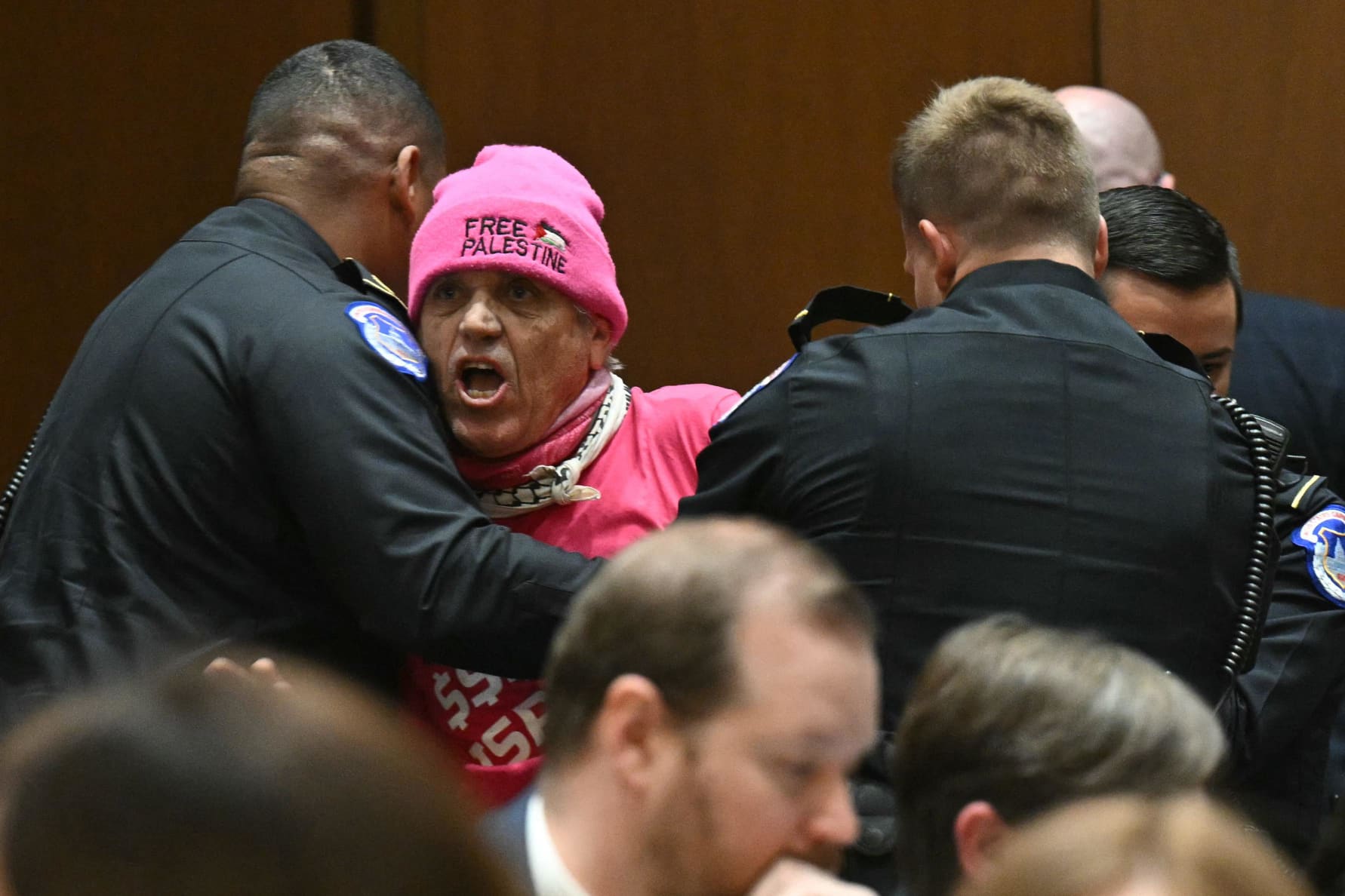 Capitol Police remove a protester during a Senate Intelligence Committee hearing on March 25, 2025.