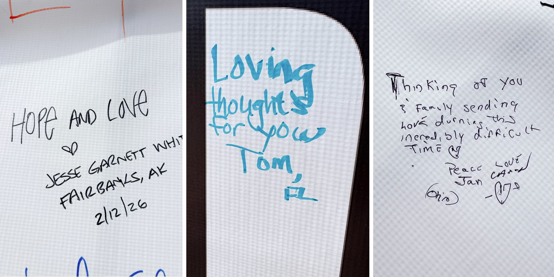 A triptych image shows handwritten notes on a vinyl billboard-style banner.