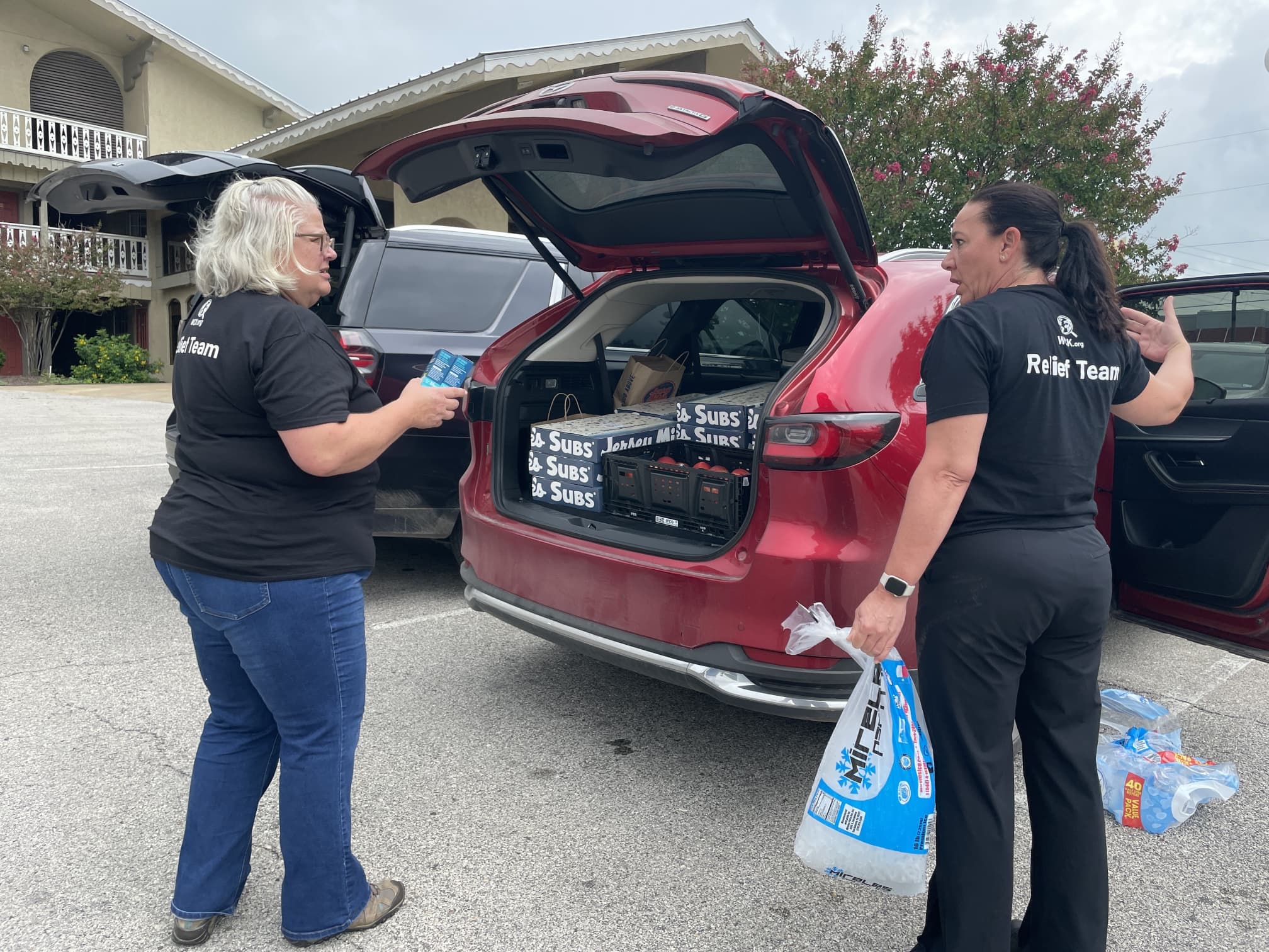 Revonda Kirby, left, and another person stand in front of the trunk of a car in a parking lot, holding bags of ice and other items