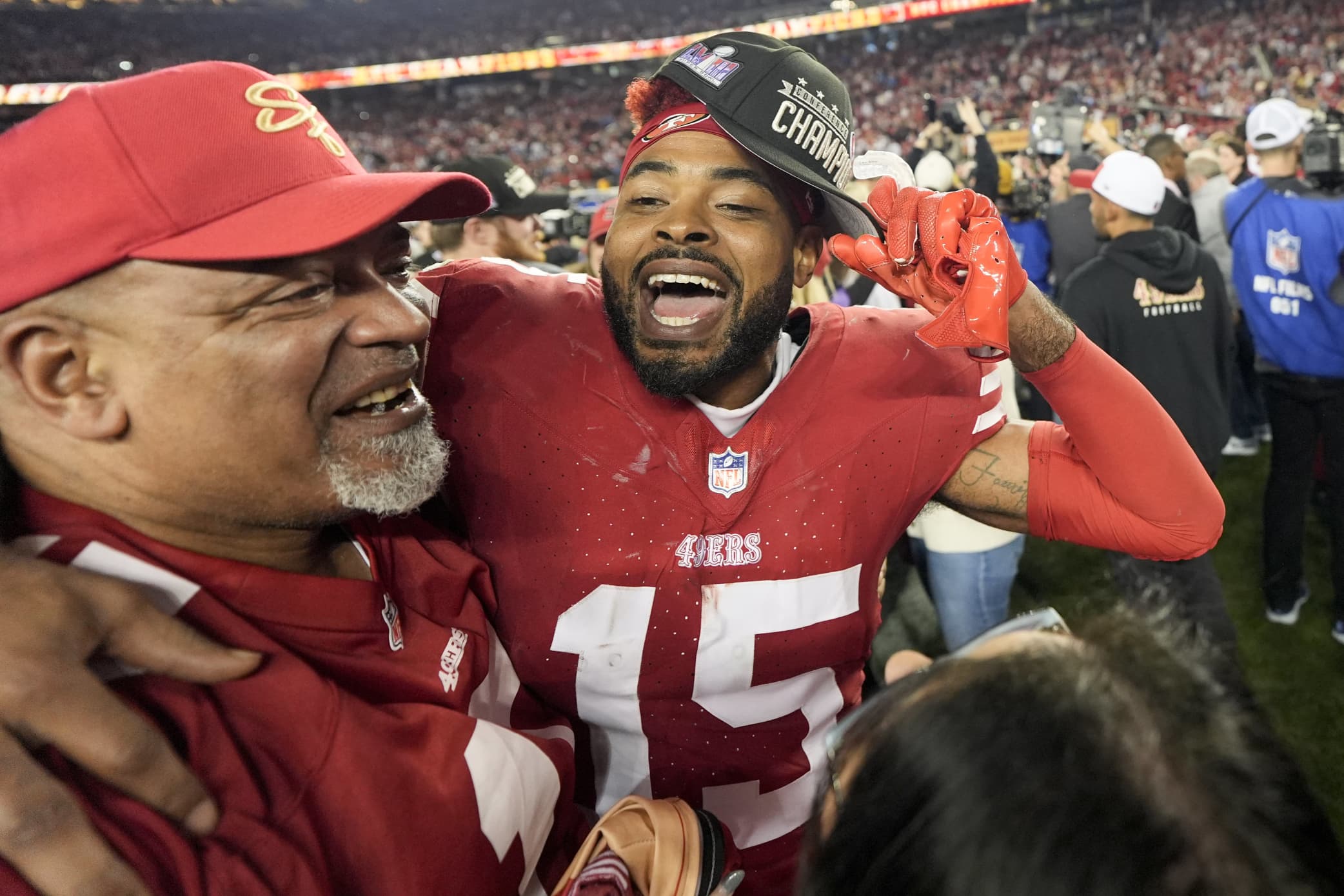 San Francisco 49ers wide receiver Jauan Jennings celebrates after their win against the Detroit Lions in the NFC Championship NFL football game in Santa Clara, Calif., Sunday, Jan. 28, 2024. 