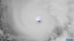 Lightning flashes around the spinning eye of Hurricane Melissa on Oct. 27, 2025.