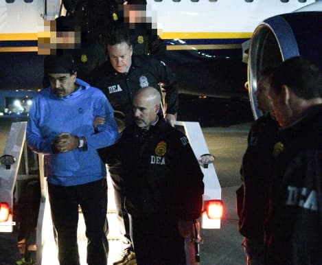 Venezuelan president Nicolas Maduro is escorted by DEA agents off of a plane
