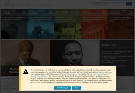 National Archives website notification