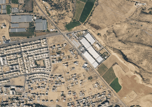 Satellite images of Rafah, southern Gaza, on Jan. 14, 2024. The town is normally home to 280,000 people. But its population has swelled to over 1.5 million – roughly three quarters of Gaza's population -- as people flee fighting elsewhere in Gaza. Sprawling tent camps now dot the city.