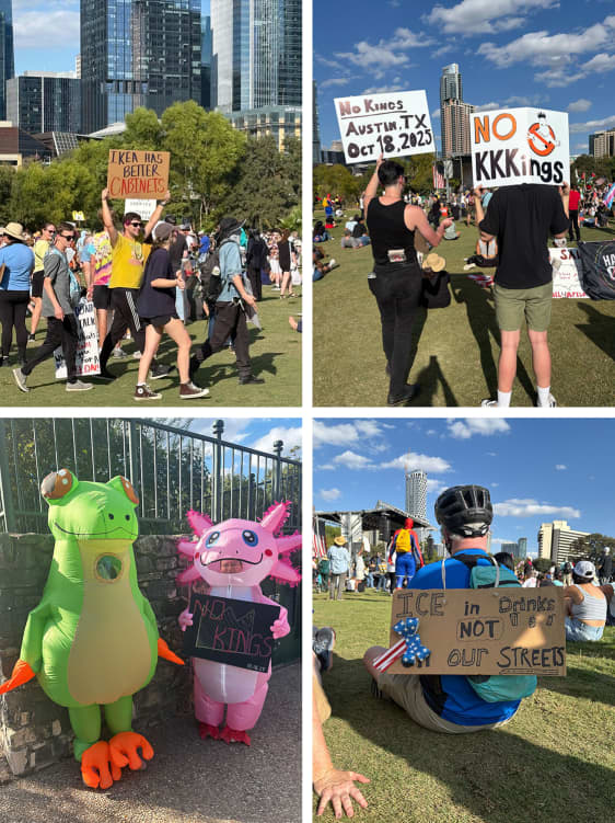 Rally goers in Austin enjoy live music and visit organizer tents in Austin, Texas on October 18 2025