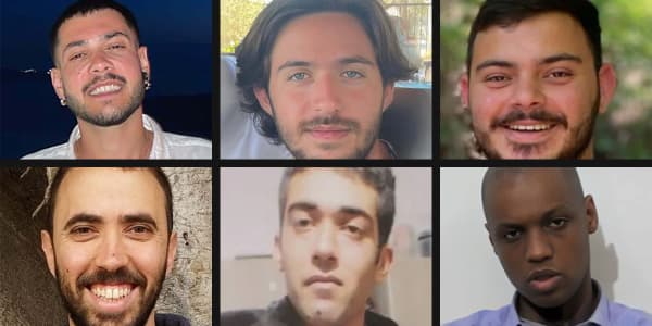Photo grid of six Israeli hostages
