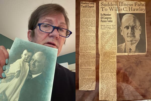 Carey Cezar has kept news clippings about her great-grandfather, Rep. Willis C. Hawley