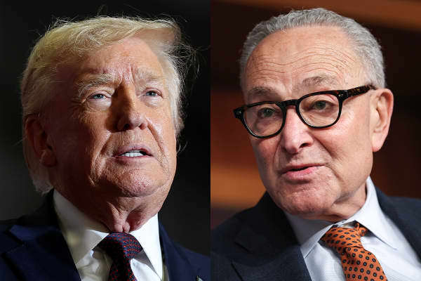 A split composite image of Donald Trump, left, and Chuck Schumer
