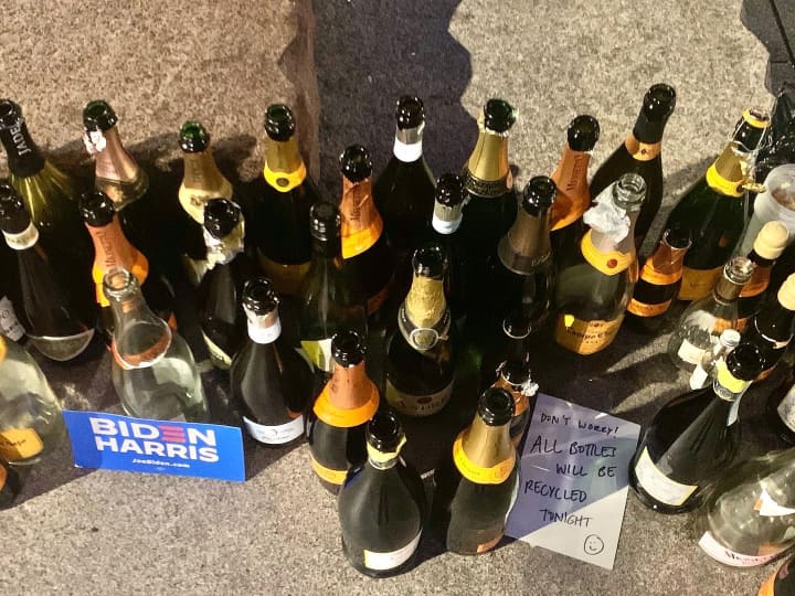 Image: Empty bottles of champagne in Harlem, New York, on Nov. 7, 2020.
