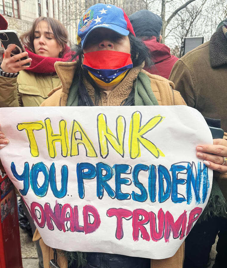 A demonstrator outside the court where Nicolas Maduro was being arraigned in New York.