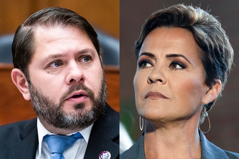 A side by side split of Ruben Gallego and Kari Lake