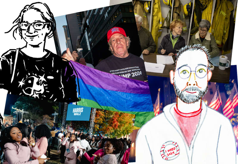 A collage of illustrated voter portraits and photos of Harris and Trump supporters, poll workers and Rockefeller Plaza with American flags.