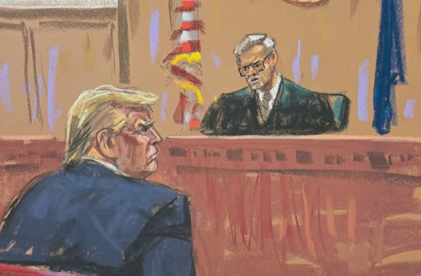 Courtroom sketch of Jude Juan Merchan and Donald Trump