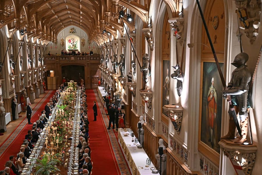 President Donald Trump, center left, delivers a speech at a State Banquet at Windsor Castle on September 17, 2025 in Windsor, England. 