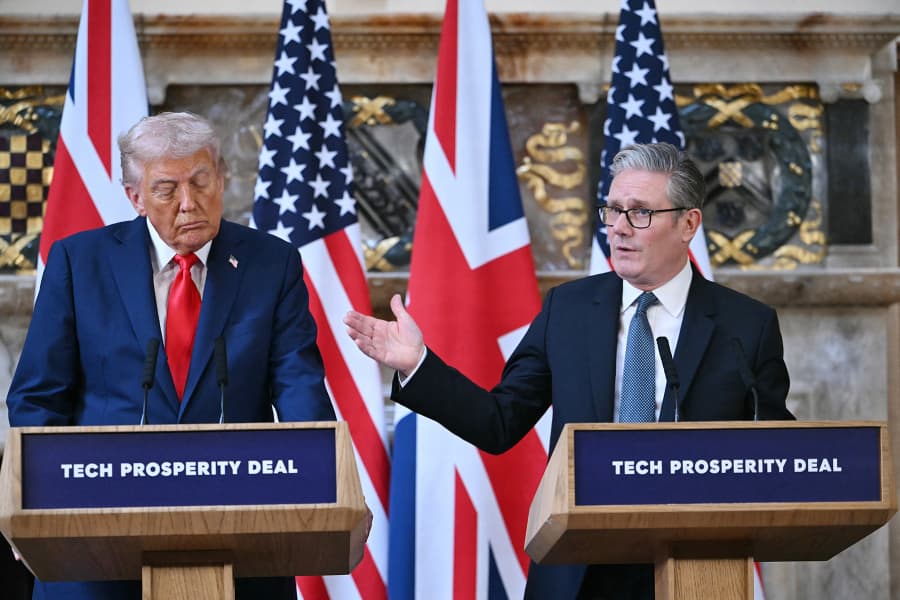 Britain's Prime Minister Keir Starmer and President Donald Trump at a joint press conference following their meeting at Chequers, in Aylesbury, central England, on September 18, 2025.