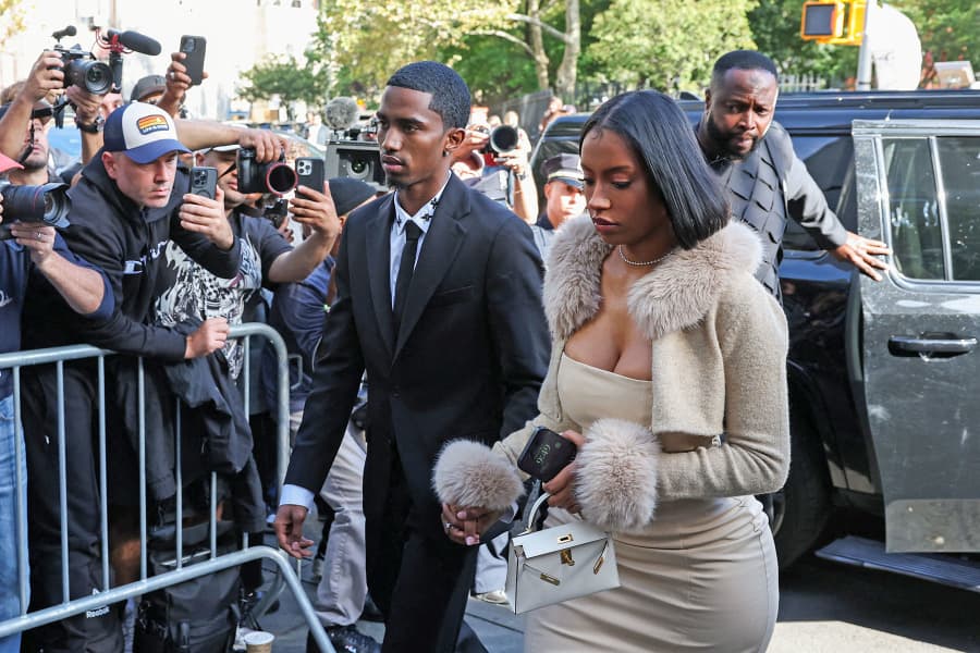 Christian "King" Combs arrives with Raven Tracy to attend a court sentencing hearing of his father Sean "Diddy" Combs, after the music mogul was convicted on charges of transporting prostitutes to engage in drug-fueled sexual performances, in New York City, U.S., October 3, 2025.
