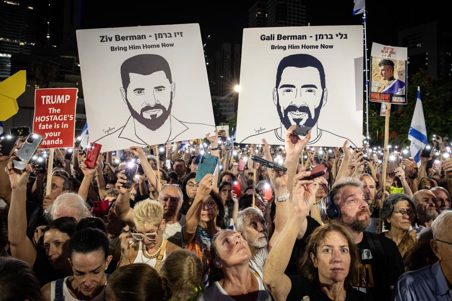 People wave their phone lights in support of hostages still held by Hamas during a solidarity protest on Oct. 4, 2025 in Tel Aviv, Israel. 