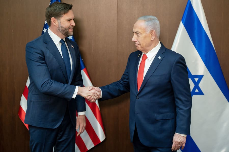 Vice President J.D. Vance meets with Israeli Prime Minister Benjamin Netanyahu on Oct. 22, 2025 in Jerusalem.