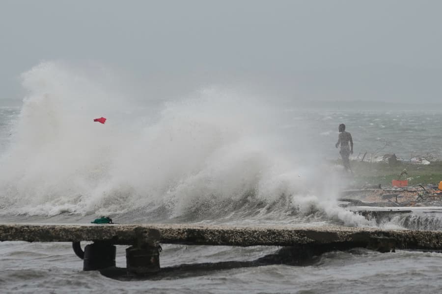 Waves splash in Kingston, Jamaica, as Hurricane Melissa approaches, Tuesday, Oct. 28, 2025.