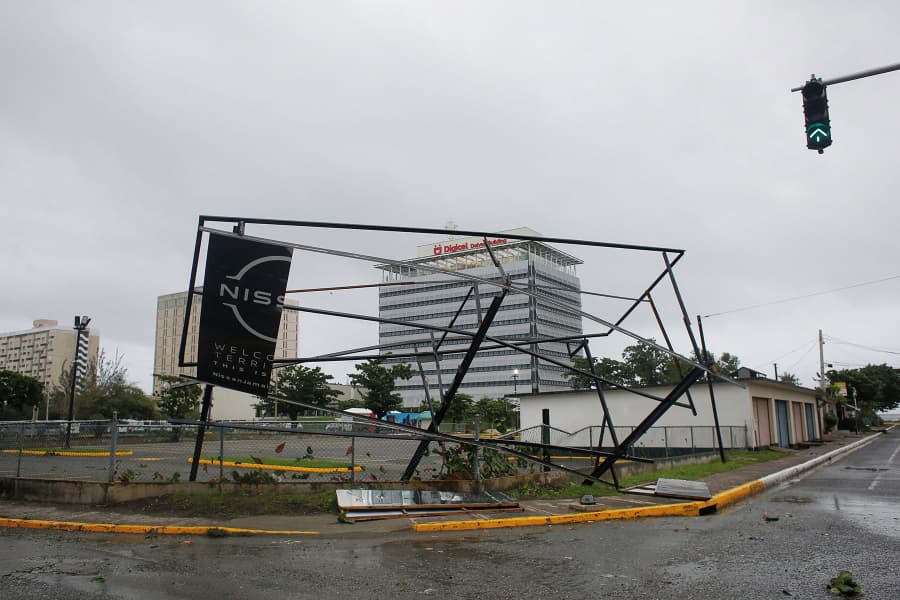 A partially collapsed structure as Hurricane Melissa approaches in downtown Kingston, Jamaica, on Oct. 28, 2025.