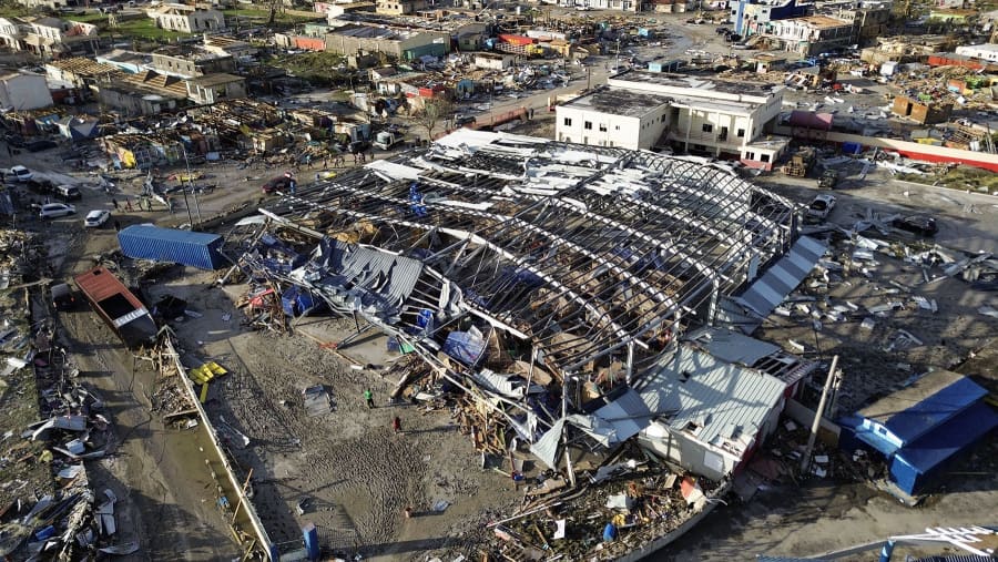 An aerial view of destroyed buildings following the passage of Hurricane Melissa, in Black River, Jamaica