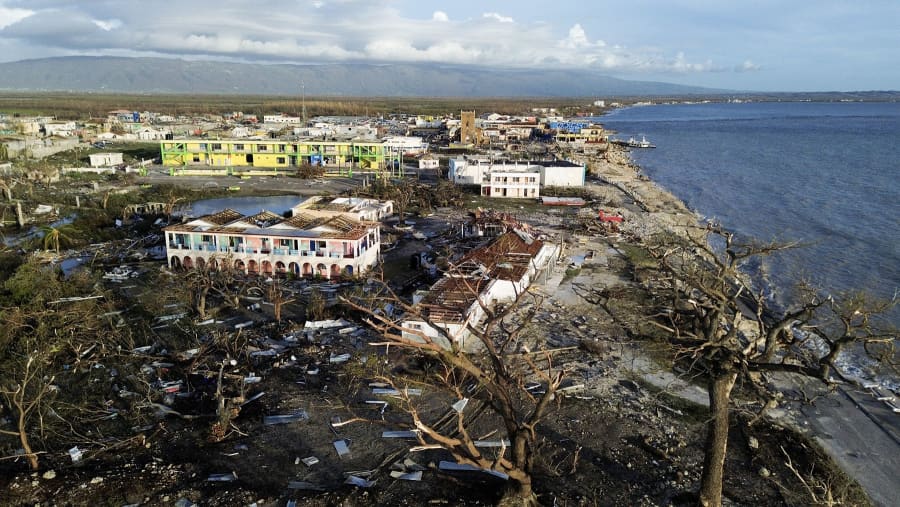 An aerial view shows destroyed buildings following the passage of Hurricane Melissa in Black River, Jamaica