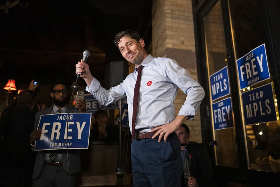 Minneapolis Mayor Jacob Frey speaks at an election night party on Nov. 4, 2025 in Minneapolis.